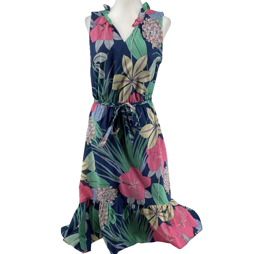 Talbots Tropical Midi Dress Womens 8P Blue Floral Island Vacay Cotton Sleeveless